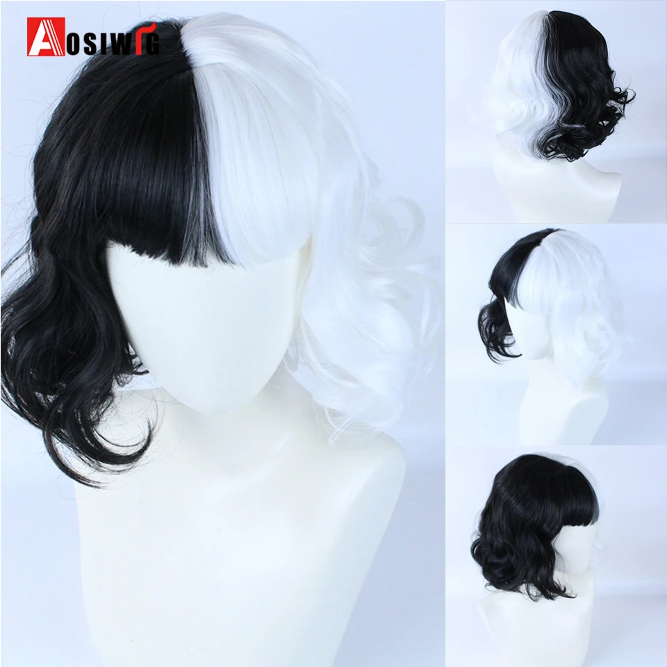AOSIWIG New Half White And Black Synthetic Short Wave Curly Hair With Bangs Cos Wig Natural Women's Heat-resistant |