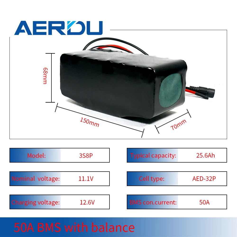 

AERDU 3S8P 12V 11.1V 25.6Ah 50A BMS 18650 Lithium Battery Pack 3200mAh Cells Support 420W 400W Pump Uninterrupted Power Supply