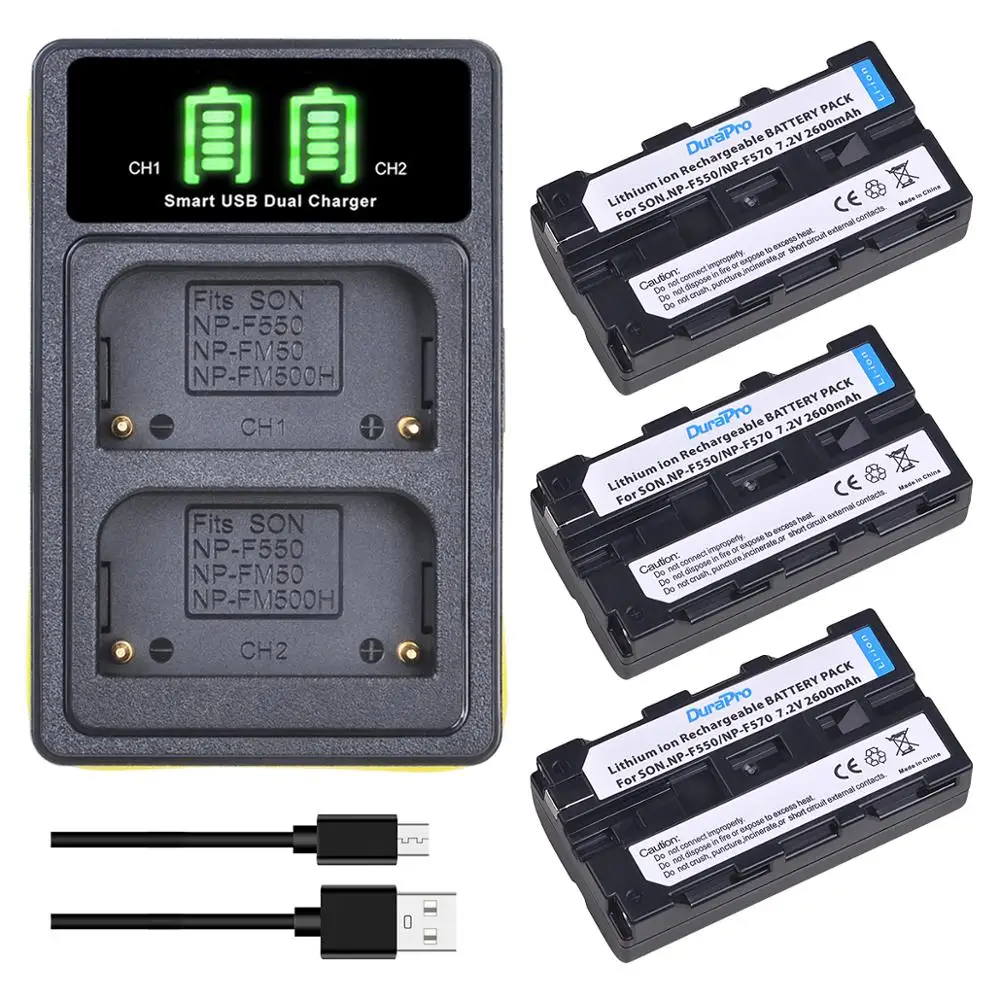 

2600mAH NP-F550 NP-F570 NP F550 Camera Battery + Charger with Type C Port for Sony NP-F330 NP-F530 NP-F570 NP-FM50 NP-FM500H