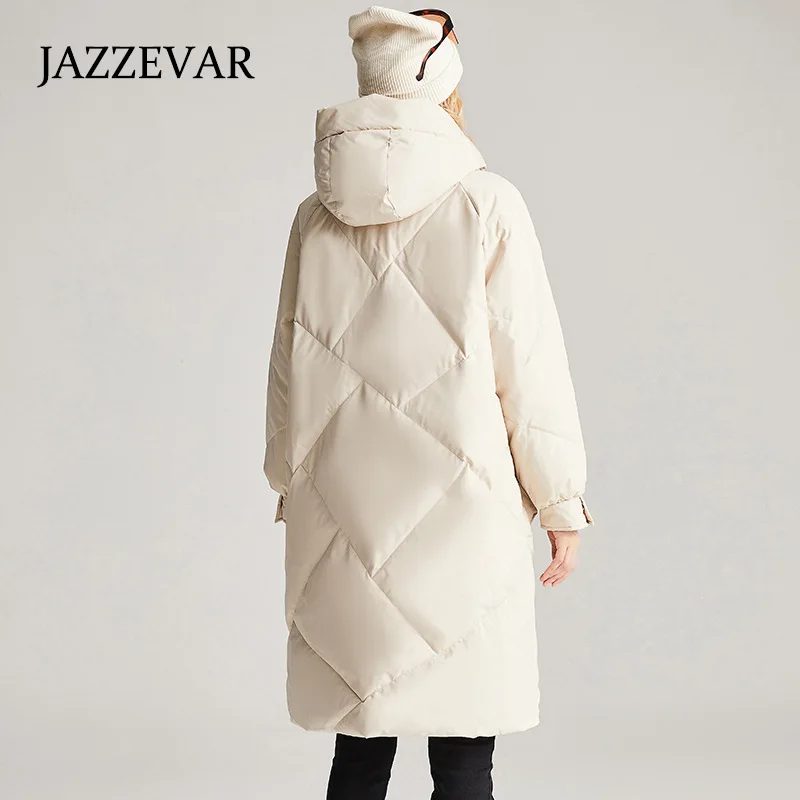 JAZZEVAR Medium and Long Down Jacket Female White Duck Hooded Thickened Warm Loose High-end Coats