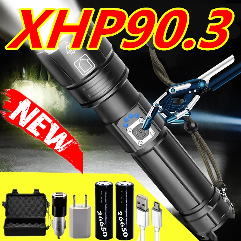 

2021New Year Gift XHP90.3 Newest most powerful led flashlight 600000LM usb Zoom Tactical torch xhp70 26650 Rechargeable battery