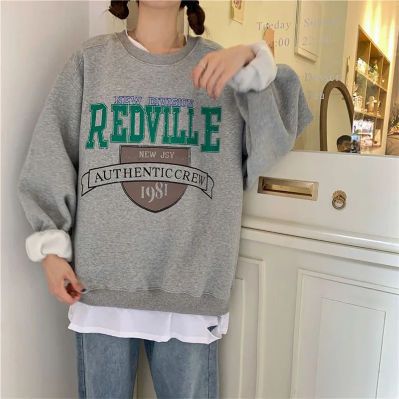 Осень-зима 2021 женская одежда без капюшона толстовки корейская мода толстовка с