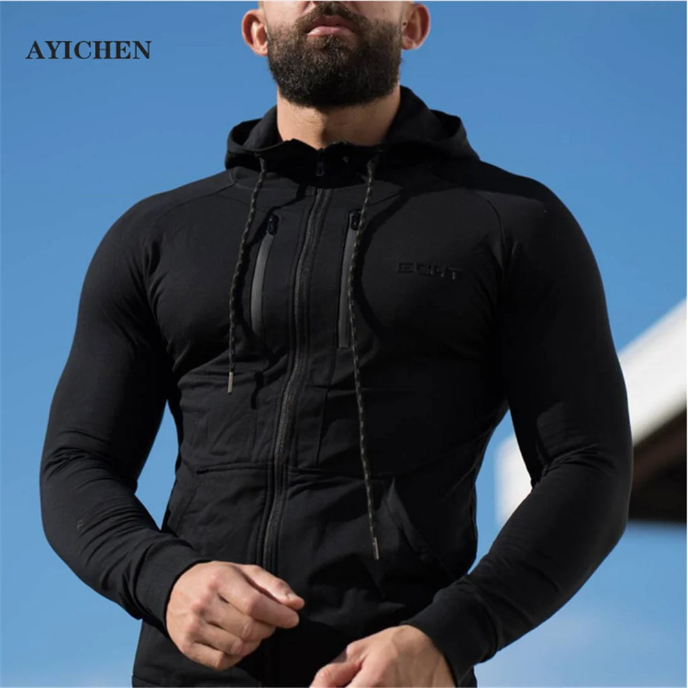

AYICHEN Winter Autumn Hoodies Sports Shirts Men Hat Zipper Running Jackets Fitness Gym workout Clothing Top Men's Sportswear