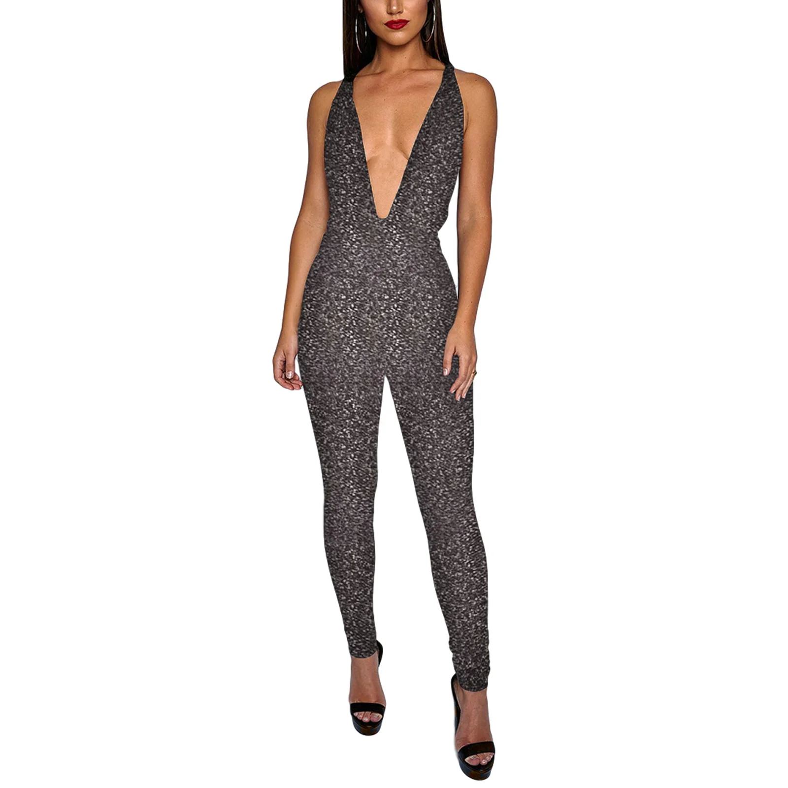 

Women’s Fashion Backless Jumpsuit Personality Solid Color Bright Silk V-neck Cross Bandage Long Jumpsuit