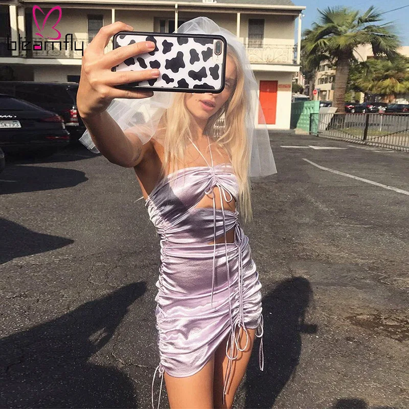Сексуальное платье на шнуровке для женщин шелковое атласное облегающее мини
