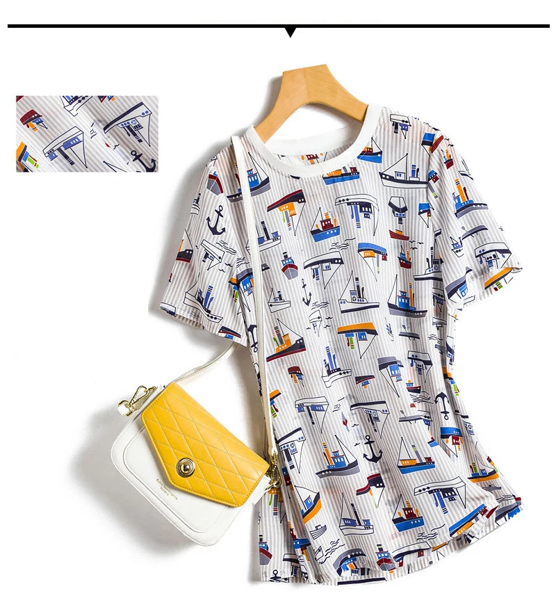 

100% Silk Women's T Shirt O Neck Short Sleeves Printed Fashion Casual Blouse Tops