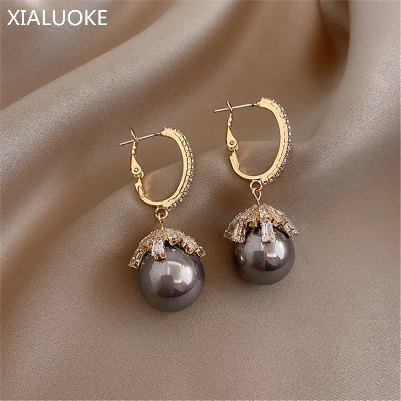 

XIALUOKE S925 Needles Fashion Temperament Zircon Crystal Pearl Pendant Earrings For Women Retro Elegant Lady Circular Earclip