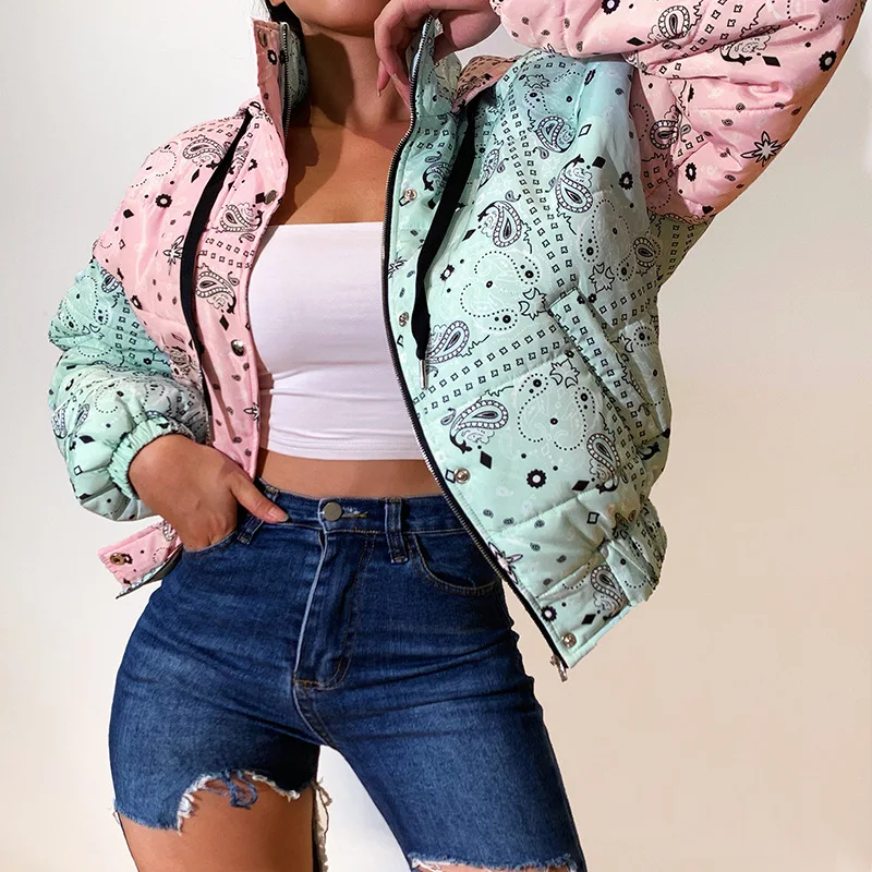 2021 Autumn Winter New Printed Color Matching Hooded Jacket Long-sleeved Zipper Padded Women Harajuku Clothes Thick Parkas