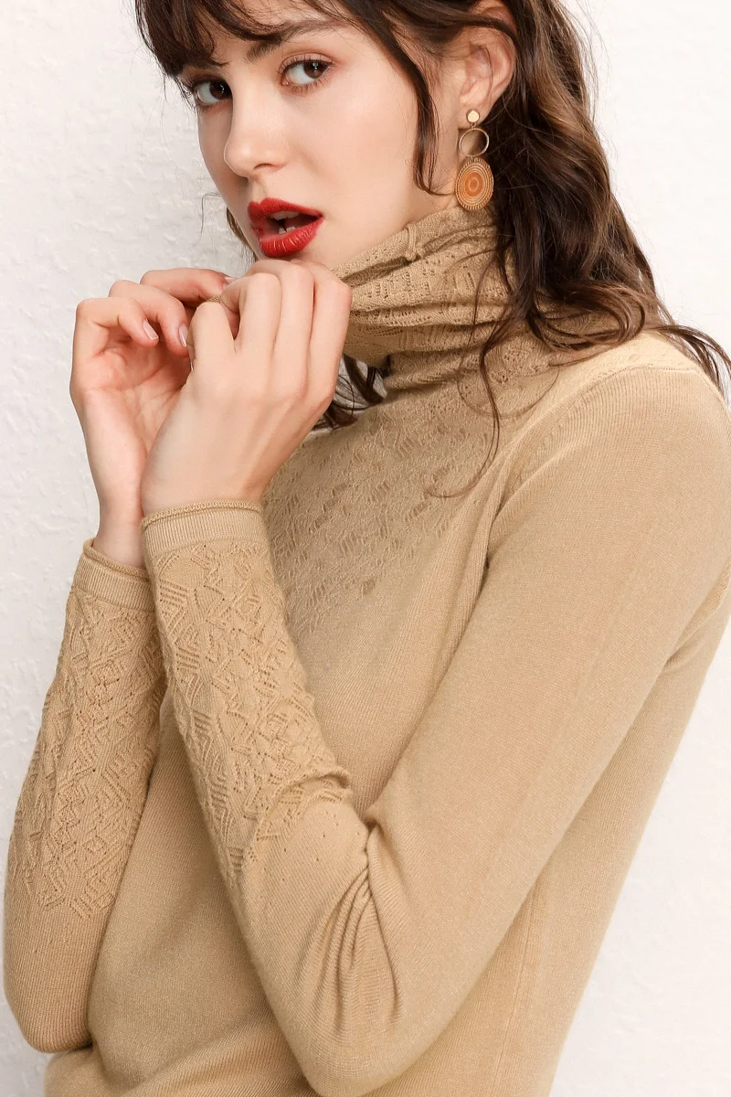 Autumn Winter New Women Sweater Openwork Carved Cashmere Solid color Soft fashion Hedging Wool Knit High-collar | Женская одежда