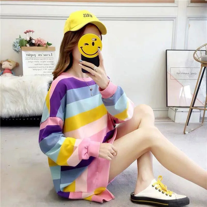 Женская толстовка в полоску смешная Толстовка Оверсайз Корейском стиле с