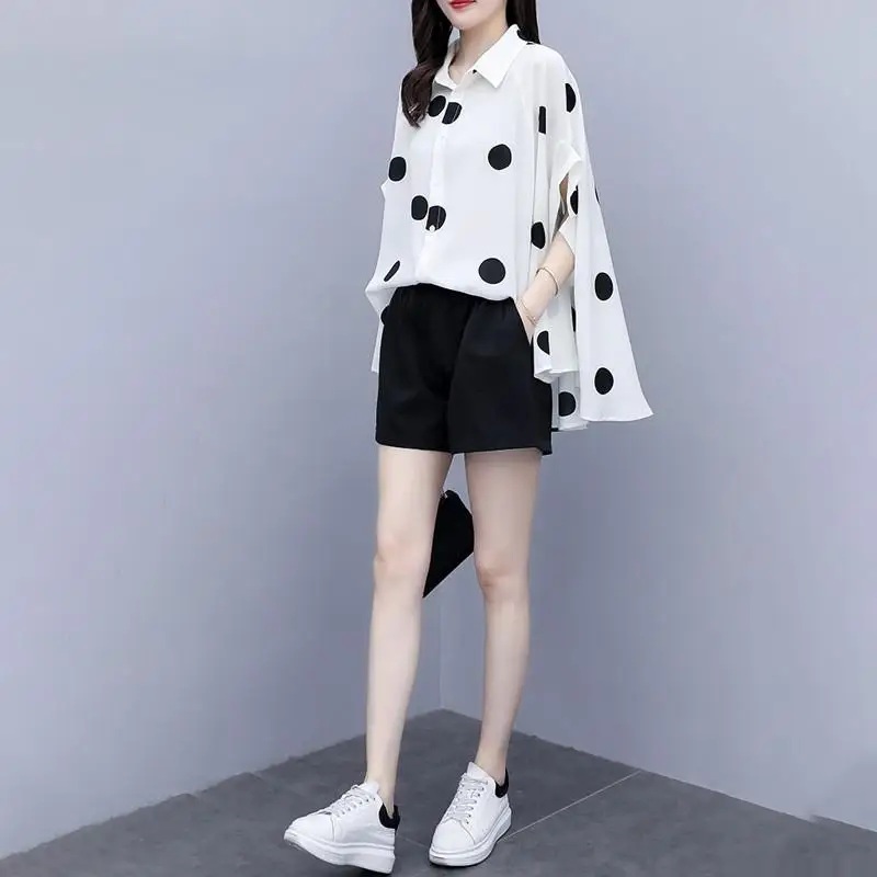 Модный женский летний модный Повседневный шифоновый топ в горошек + черные шорты