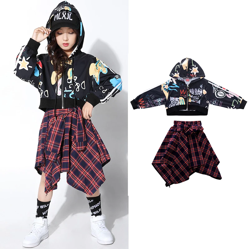 

Printing Hip Hop Dance Costumes Girls Jazz Street Dance Practice Wear Performance Clothing Children Hooded Rave Outfits DC4238