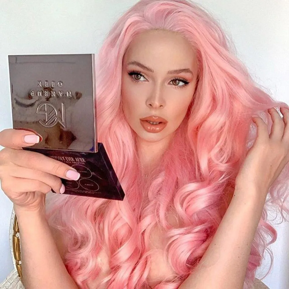 Розовый EEWIGS Glueless термостойкие волокна волос длинные волнистые синтетические кружева передний парик часть розовые парики для женщин Drag queen - Цвет: Розовый