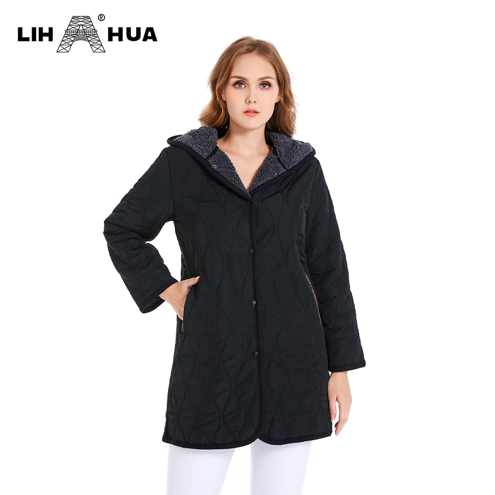 

LIH HUA Women's Plus Size Winter Padded Jacket Woolly Lining Cotton Padded Jacket Thick Warmth and Windproof Hooded Coat