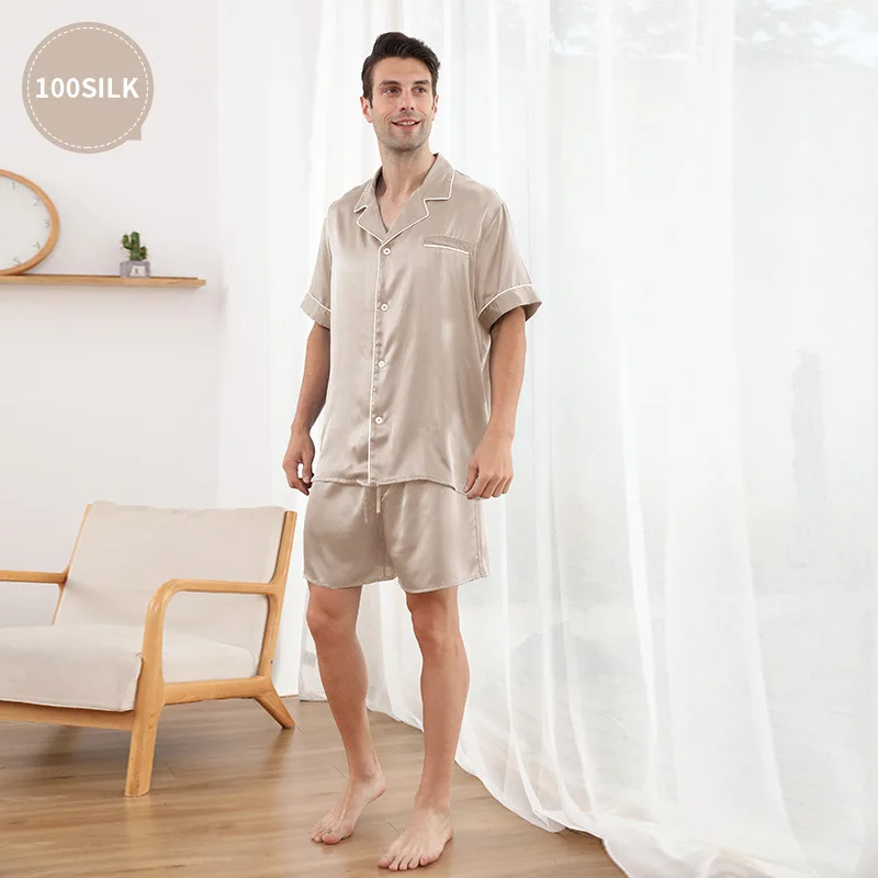 22 MM mulberry silk new pajamas men's short-sleeved shorts set silk comfortable 100 mulberry silk sleepwear