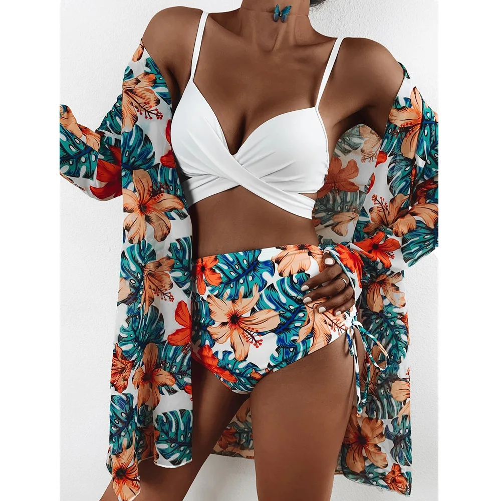 

2021 new swimming costume three sets bikini mesh split swimming costume female bikini bathing suit women high waist bikini