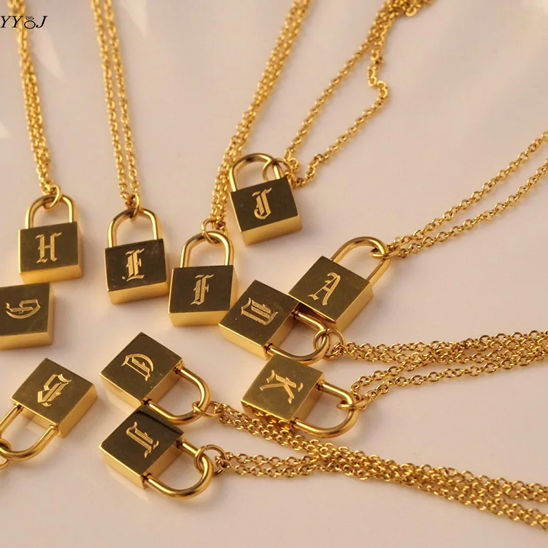 

Padlock initial letter necklace for women stainless steel gold old English personalized letter necklace customed gift mother day