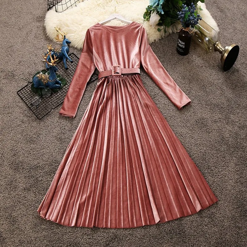 Осень-зима 2019 новое женское бархатное платье с круглым вырезом и длинным рукавом