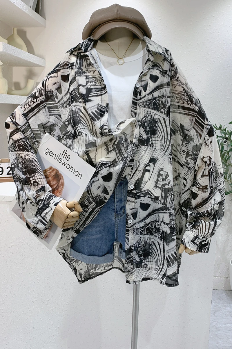 

2021 Early Autumn Korean Style Printing Blouses for Women Lapel Long Sleeve Casual Shirt Female Loose Long Sleeve Top