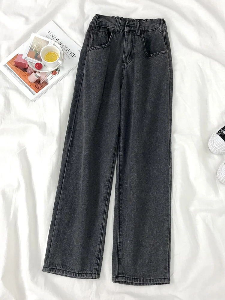 

Women's Pants Y2k Streetwear Jeans Woman Elastic High Waist Trouser Grey Vintage Baggy E Girl Straight Ninth Pants