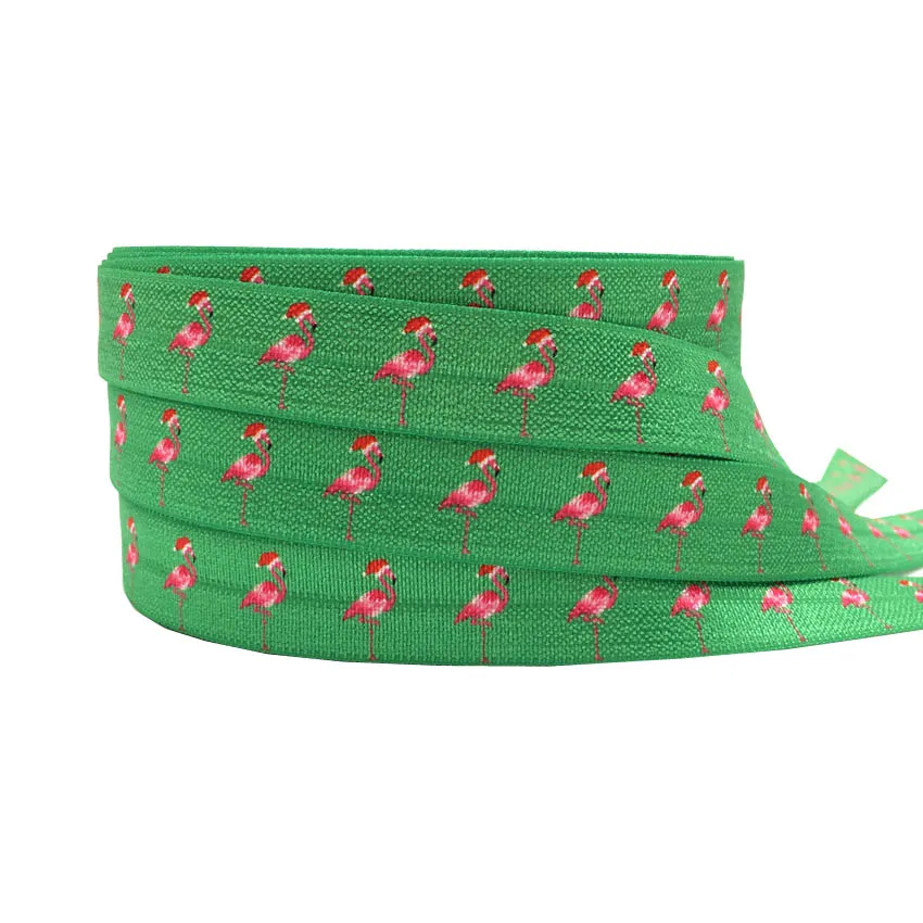green flamingo Рождественский олень Фламинго дерево лама сердце Усы Печать сложить над эластичным FOE лента Diy подарок украшение аксессуар 16 мм 10 ярдов - Цвет: green flamingo