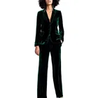 Женский бархатный костюм с лацканами, зеленый деловой костюм из 2 предметов для офиса, официальная одежда для работы, Блейзер, костюм-брюки на заказ