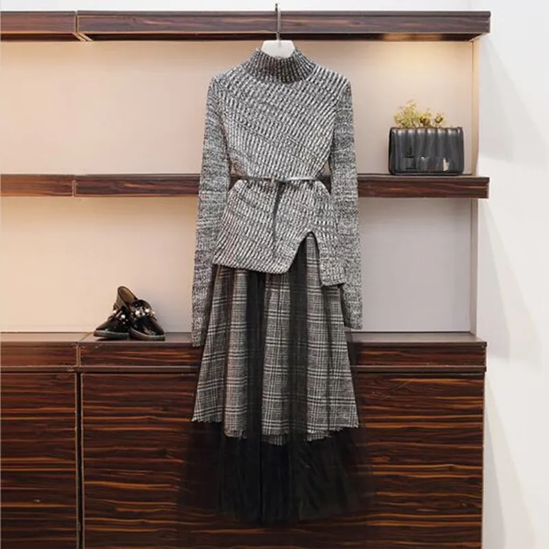 

Elegant Sweatersuit Knit Two Piece Set Women Turtleneck Sweater Irregular Pullover Tops Plaid Patchwork Mesh Long Skirt Clothes