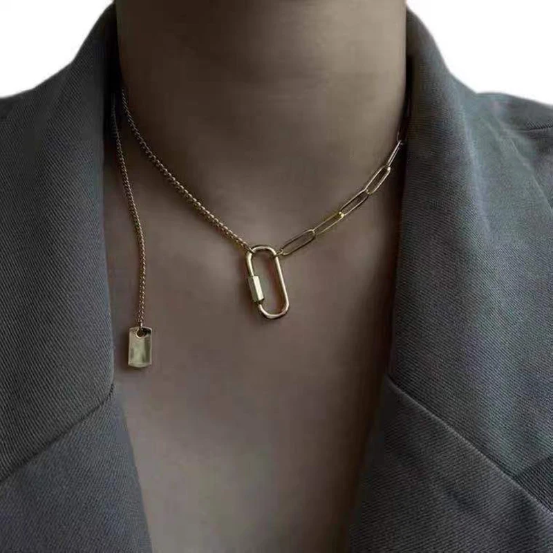 

2021 Minimalist Paper Clip Necklace For Women Fashion Temperament Clavicle Chain Gold Plated Square Metal Choker Letter Jewelry