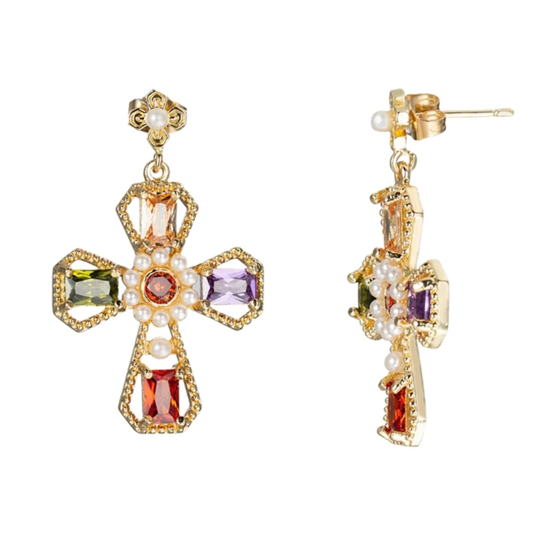 Gold-plated color inlaid zircon cross earrings female creative fashion pendant accessories