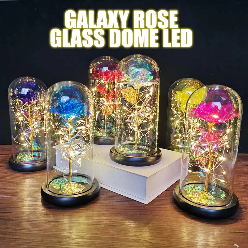 

Красная роза в стеклянном куполе на деревянной подставке Galaxy Rose Beauty And The Beast для подарка на День святого Валентина светодиодные лампы розы Р...