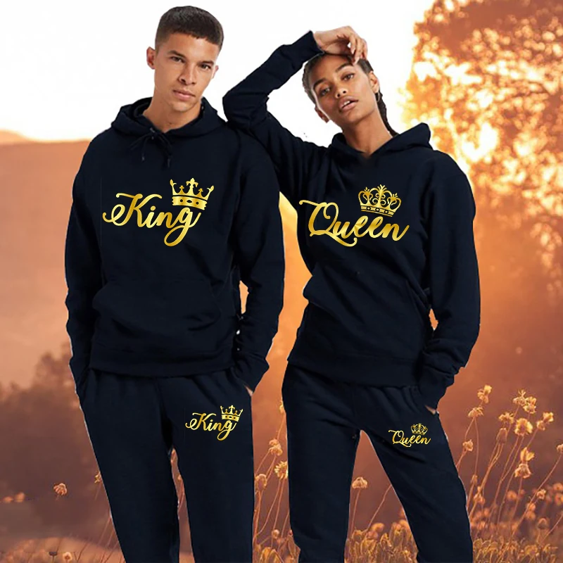 

2021 Fashion Couple Sportwear Set KING or QUEEN Printed Hooded Suits 2PCS Set Couples Design Streetwear Hoodie and SweatPants