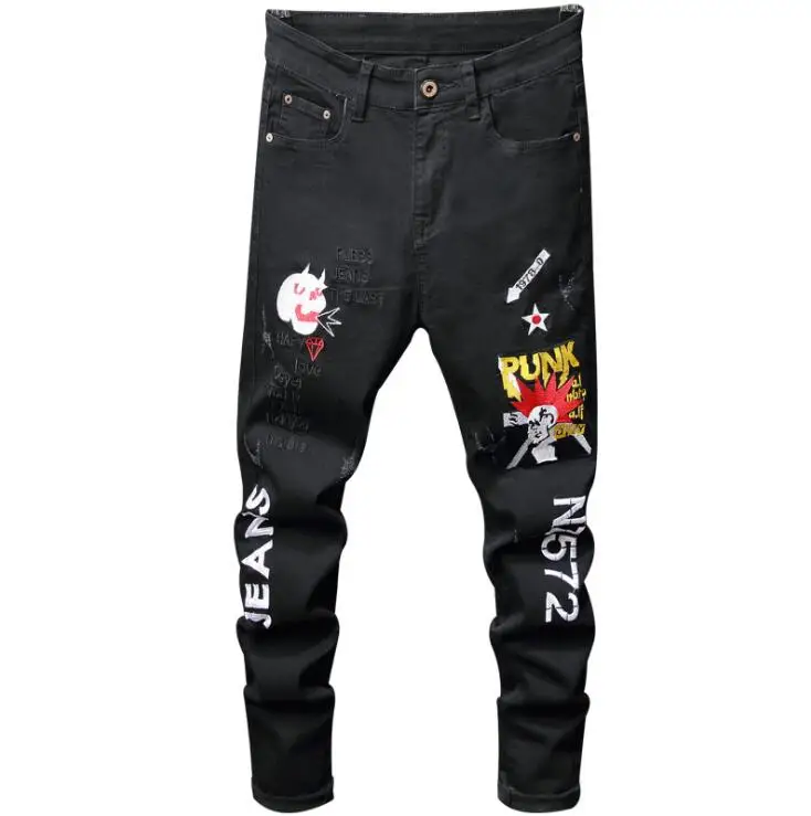 Mens jeans embroidered letters original design trousers new European American wind hole stretch black slim брюки мужские pants