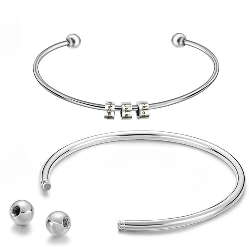 Engrave Family Names Beads Personalized Cuff Bracelet Ball Closure Custom Monogram Beads Bangle Bridesmaid Bracelet