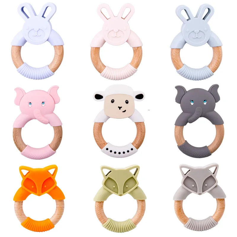

Let's Make Animal Silicone Teether Wooden Rabbit Ring 1PC BPA Free Accessories Teething Toys Food Grade BPA Free Baby Teethers