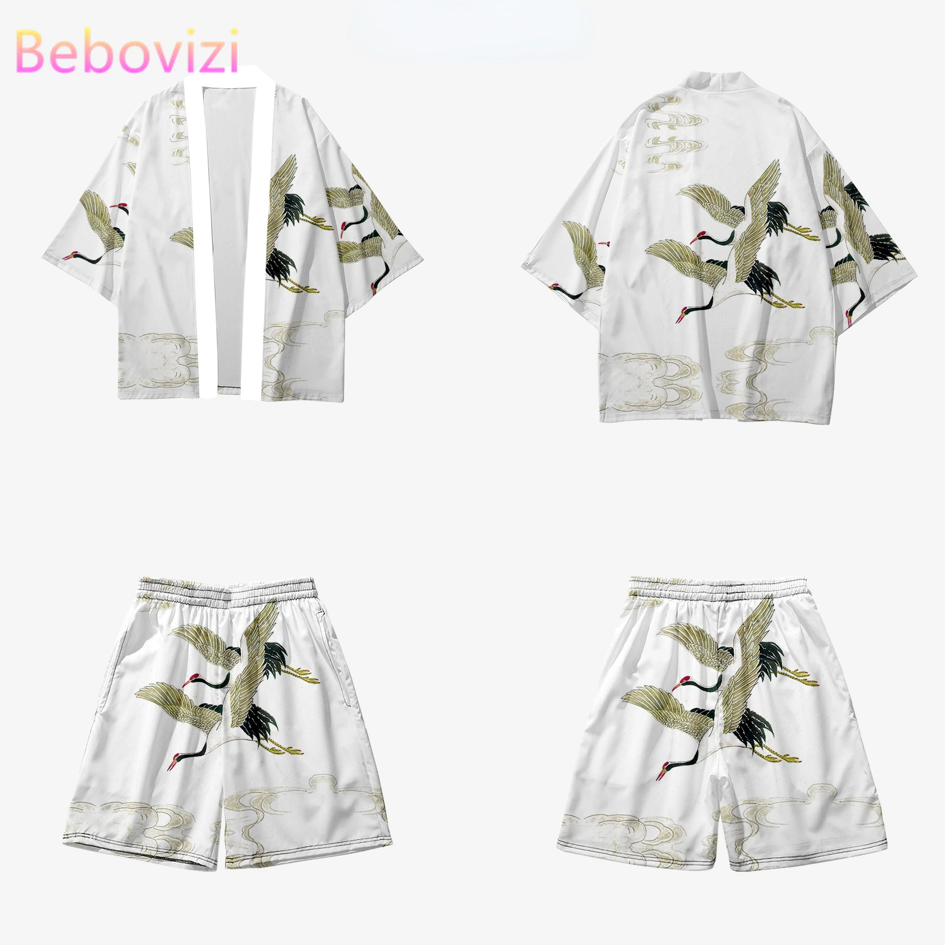 

Two-piece Suit Japanese White Cardigan Women Men Cosplay Yukata Clothing Harajuku Samurai Crane Kimono + Shorts Pants Sets 6XL