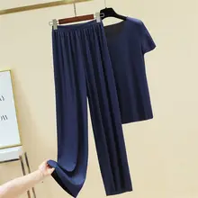 Spring and Summer Women's Cool Loose Ice Silk Fashion Suit Women's Thin O-Neck T-Shirt Drape Casual Wide-Leg Pants Two-Piece Set