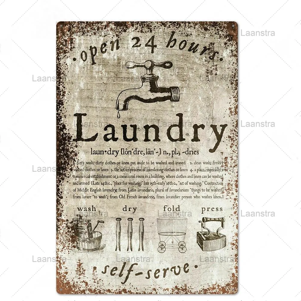 

Metal Tin Sign Retro Laundry Room Bathroom Signs Vintage Poster 24 Hours Self-service Wall Art Decor For Laundry Room Iron Brand