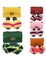 womens jelly chain purse real fox fur slippers ladies plush furry slides rainbow female fluffy shoes bags match sets wholesale