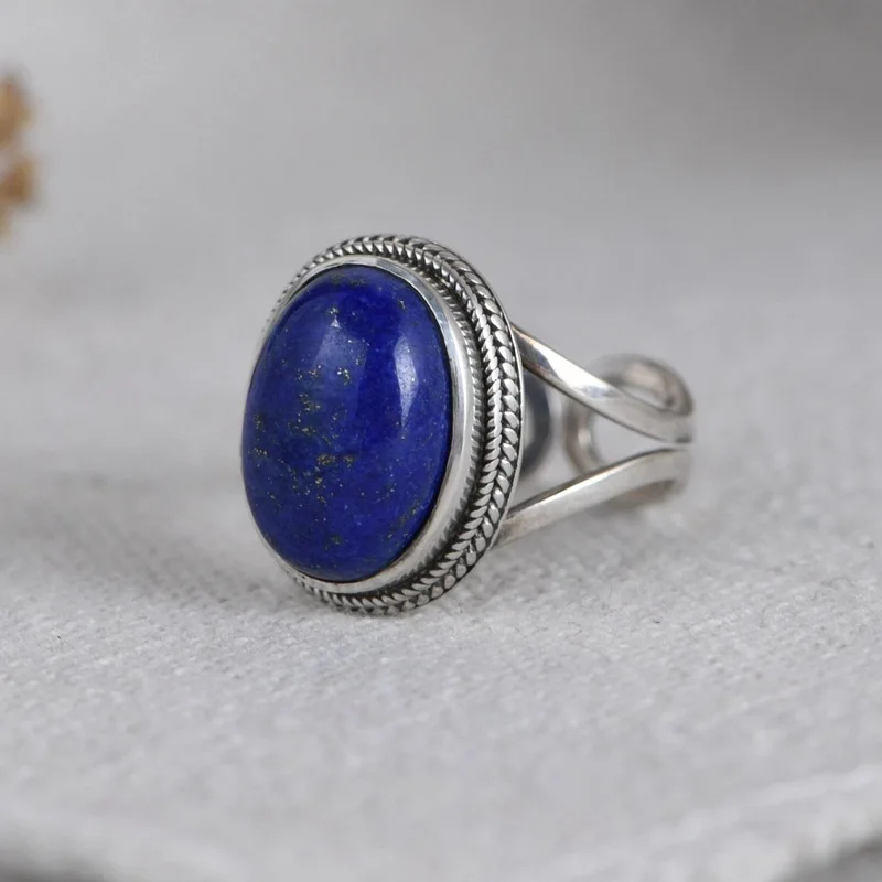 

Vintage Girl Ring 925 Sterling Silver Blue Lasurite Finger Ring Girl Women Romantic Stone Ancient Adjustable Open Cuff Girl Ring
