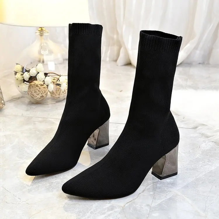 

thick women's boots, black New style pointed heels, high heels, boots, sweater elastic short boots, fall winter 2020