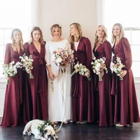 burgundy simple a line long bridesmaid formal dresses with full sleeves satin deep v neck wedding party gowns prom dress %d0%bf%d0%bb%d0%b0%d1%82%d1%8c%d0%b5