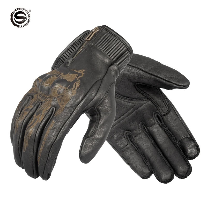 

SFK-Goat Leather Gloves Men's Motorcycle Gloves High-grade Heavy Craft Pattern Carving Sports Gloves Zipper Five-finger Gloves