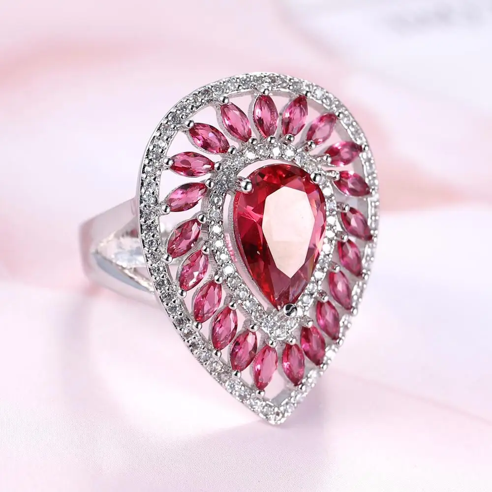 Luxury Shining Big Water Drop Rose Red Zircon Rings for Women Bride Wedding Party Girlfriend Valentine's Day Gifts 2020 New
