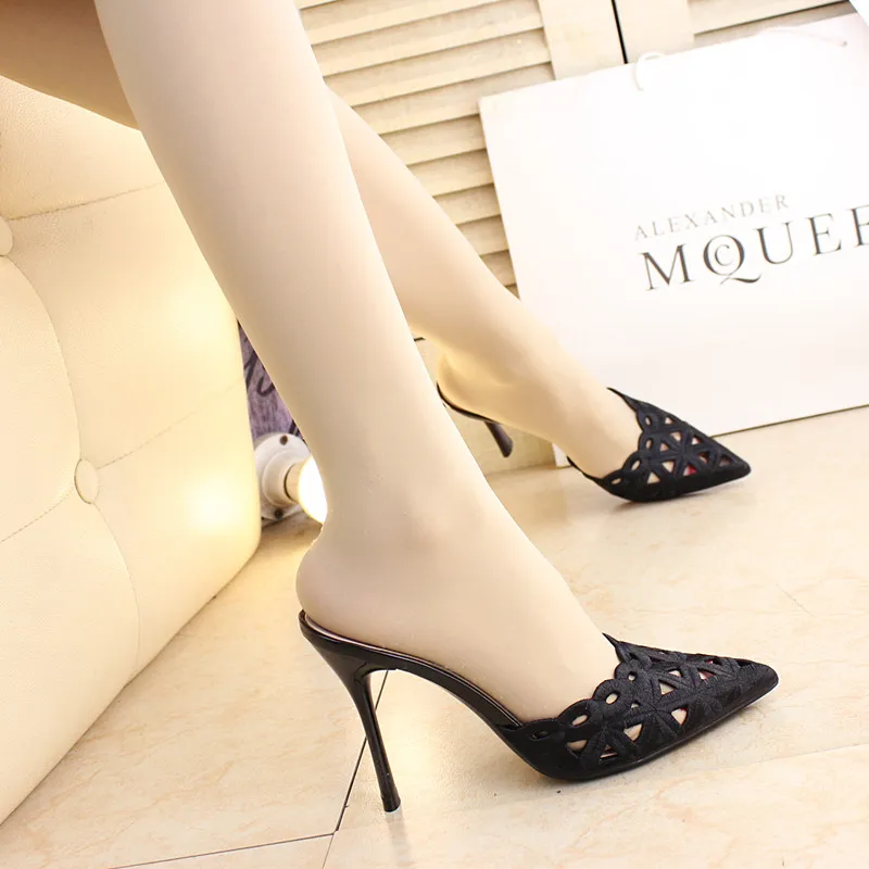 

Women Shoes 10 Cm Pointed Hollow Out Half Cool High-heeled Slippers Baotou Summer New Black Club Women Sandals