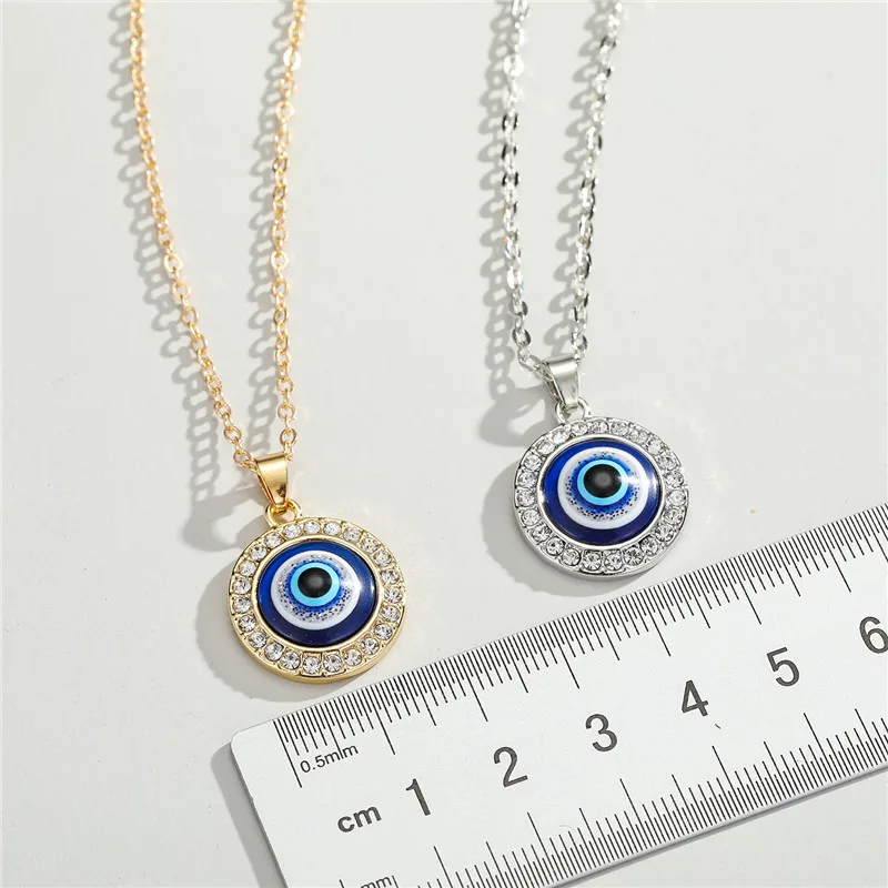1PC Vintage Rhinestone Turkish Evil Eye Pendant Necklace For Women Bohemian Gold Metal Color Round Zircon Choker Jewelry | Украшения и