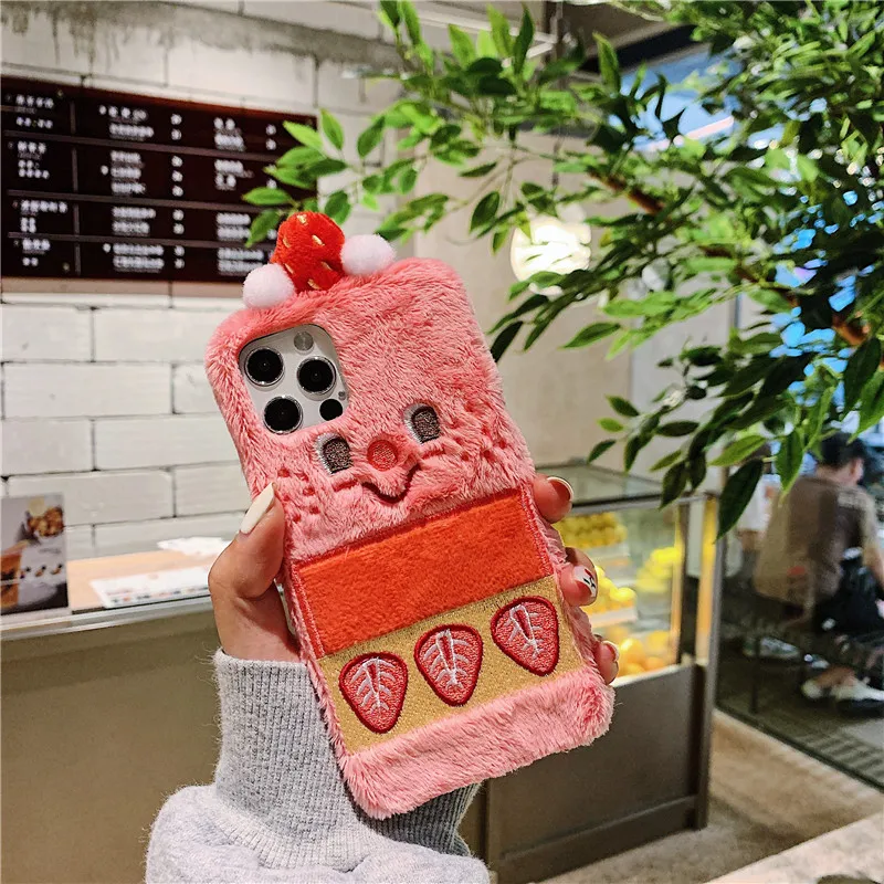 

Cute Plush Strawberry Cake Phone Case For iphone 12 11 Pro Max 7 8 plus X XR XS Max SE 2020 Cover Fuzzy Fluffy Funda Warm Cases