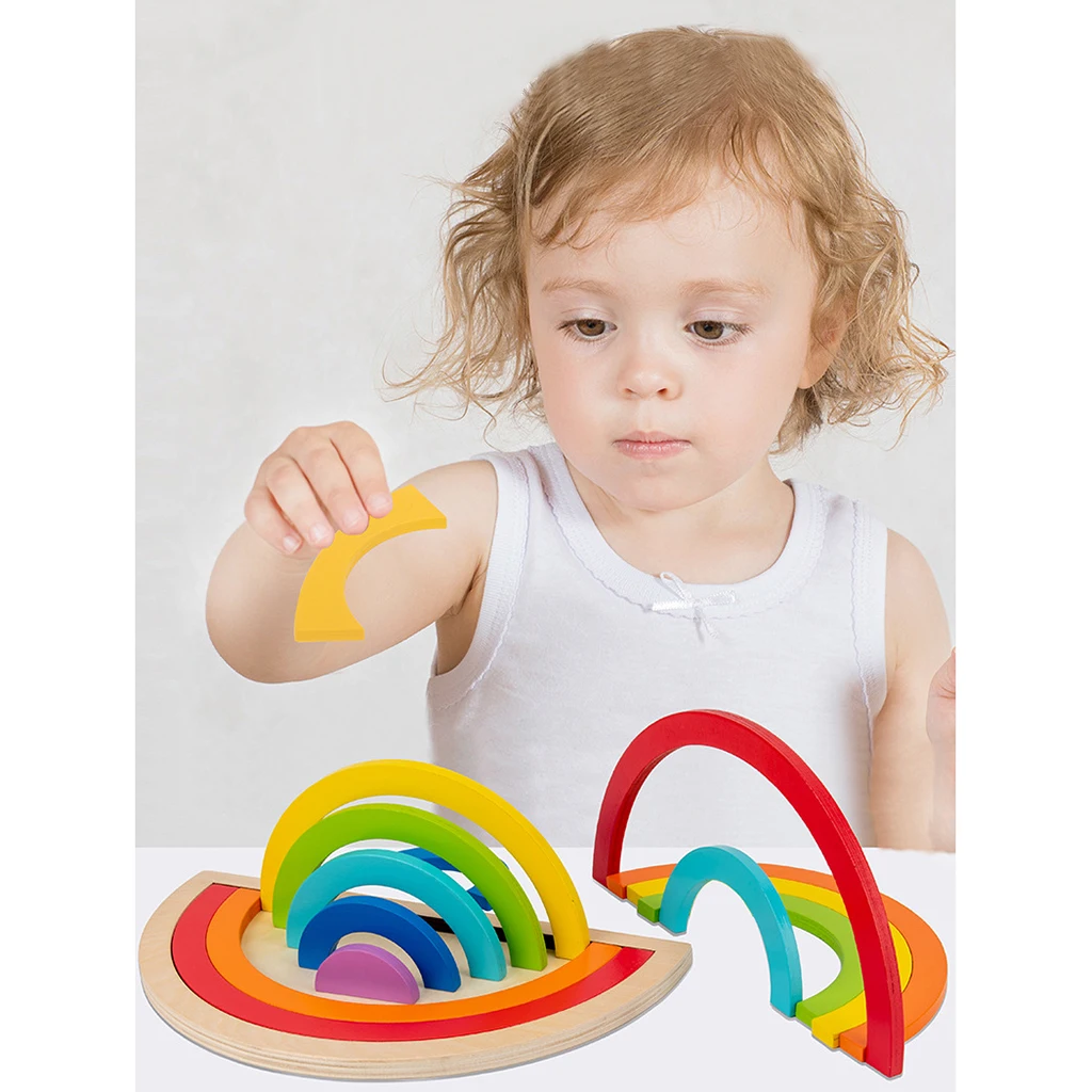 Juego de bloques de apilamiento de madera para ni&ntilde;os y ni&ntilde;as, 7 piezas, rompecabezas de arco&iacute;ris, Juguetes-3