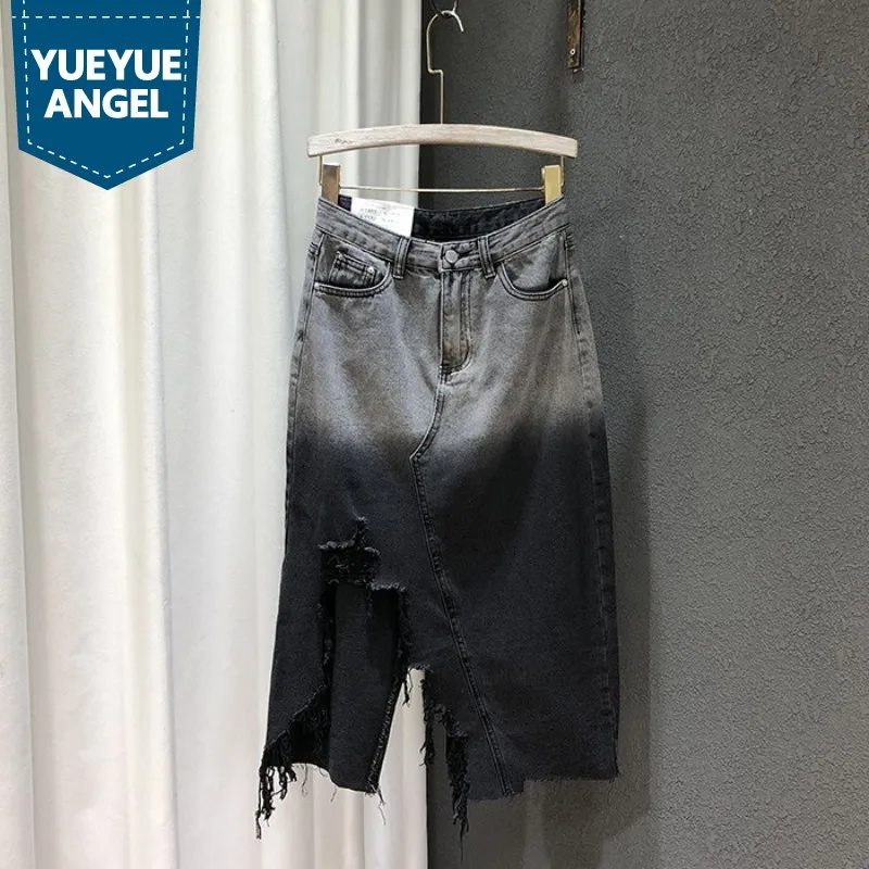 

Vintage High Waist Ripped Hole Denim Skirts Women Fashion Irregular Midi Wrap Skirt Casual Pockets Mixed Color Jean Skirts