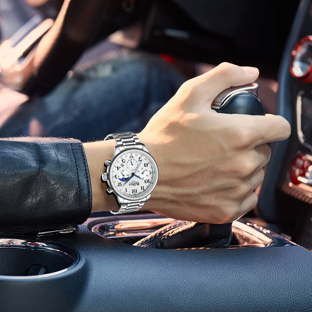 

BIDEN Men's fashion business watch multifunctional small three-eye stainless steel case 30M waterproof man charm display