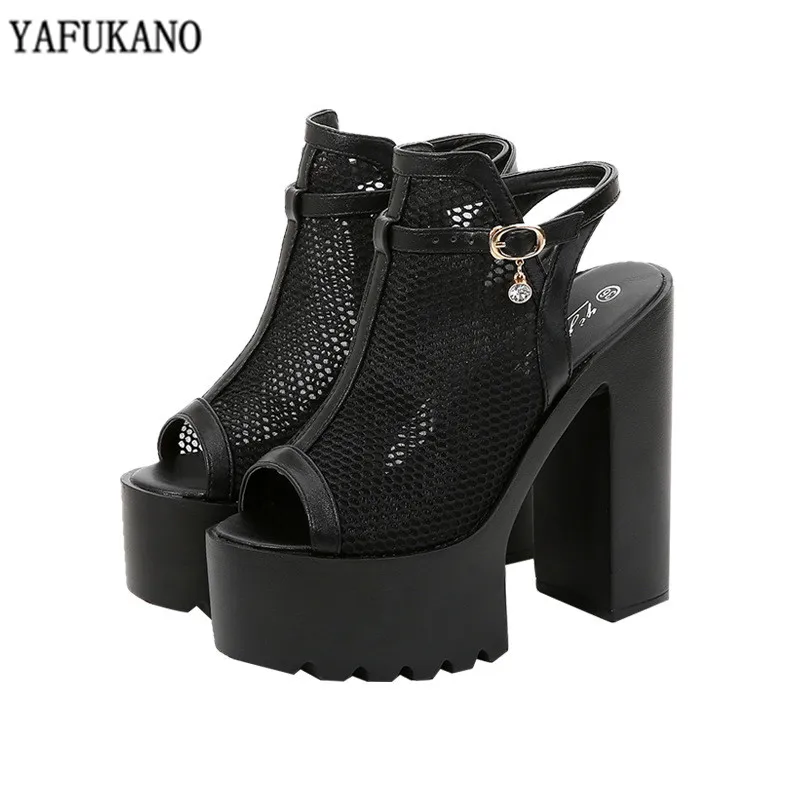 

Square Heel Womens Sandals Thick-Sole Mesh Fish Mouth High Heels Nightclub Catwalk 15Cm High Heel Sandals Fashion Platform Pumps